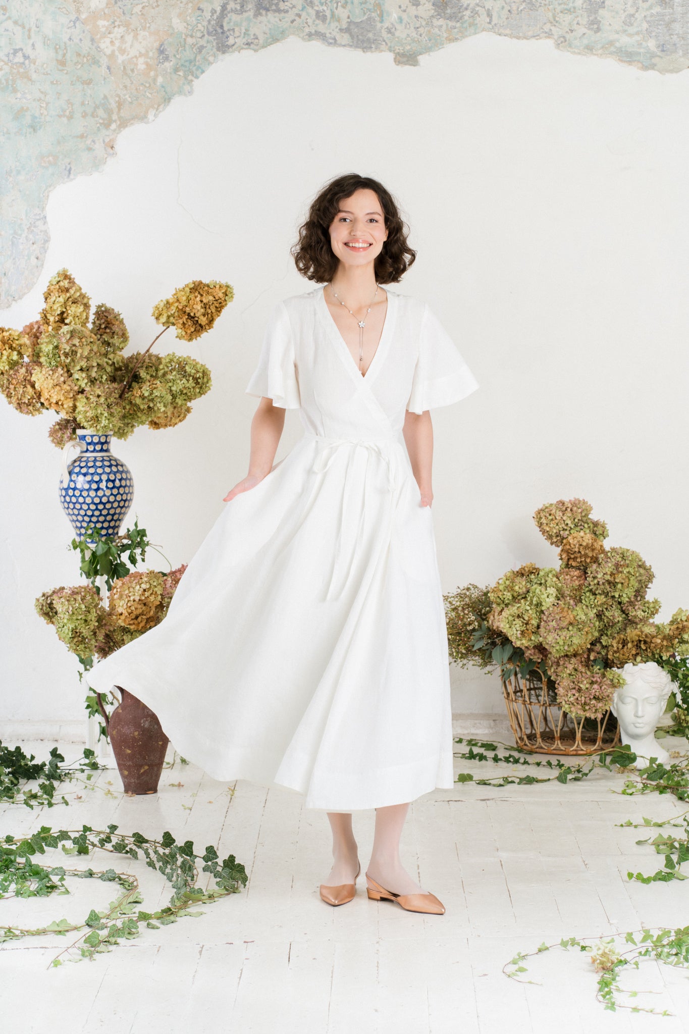 Maxi Wrap Dress, Butterfly Sleeve, White Magnolia