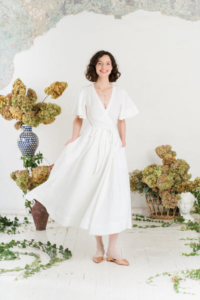 Maxi Wrap Dress, Butterfly Sleeve, White Magnolia