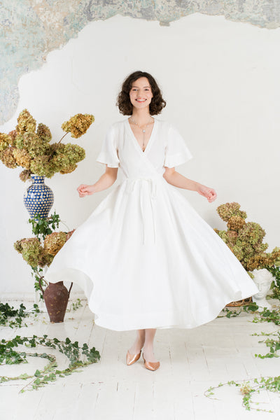 Maxi Wrap Dress, Butterfly Sleeve, White Magnolia