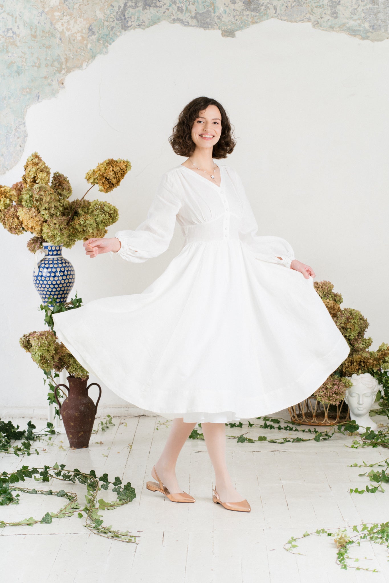 Diane Dress, Long Sleeve, White Magnolia
