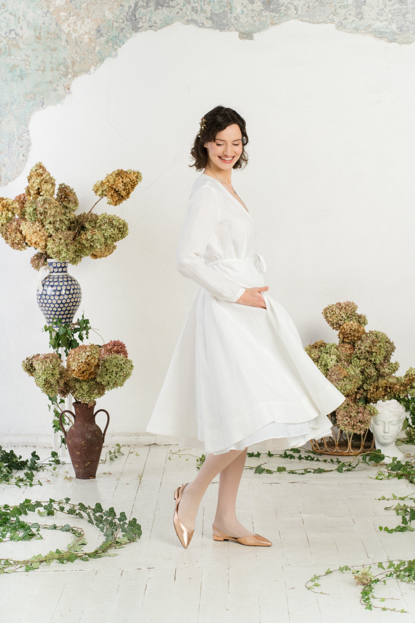 Wrap Dress, Long Sleeve, White Magnolia