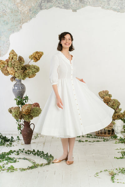 Ophelia Dress, 3/4 Sleeve, White Magnolia
