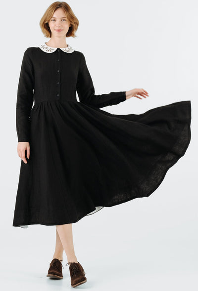 Classic Dress with Embroidered Hazelnut Collar, Long Sleeve, Black Pansy#color_black-pansy