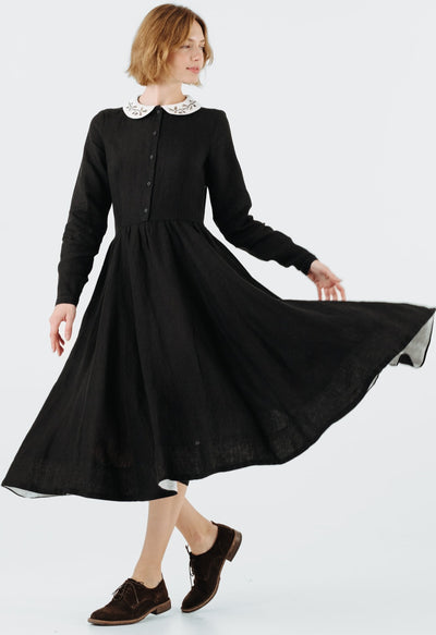 Classic Dress with Embroidered Hazelnut Collar, Long Sleeve, Black Pansy#color_black-pansy