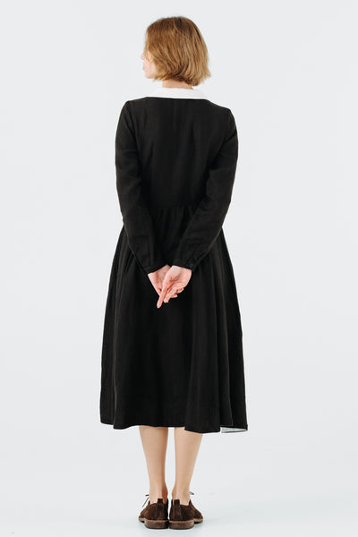 Classic Dress with Embroidered Hazelnut Collar, Long Sleeve, Black Pansy#color_black-pansy