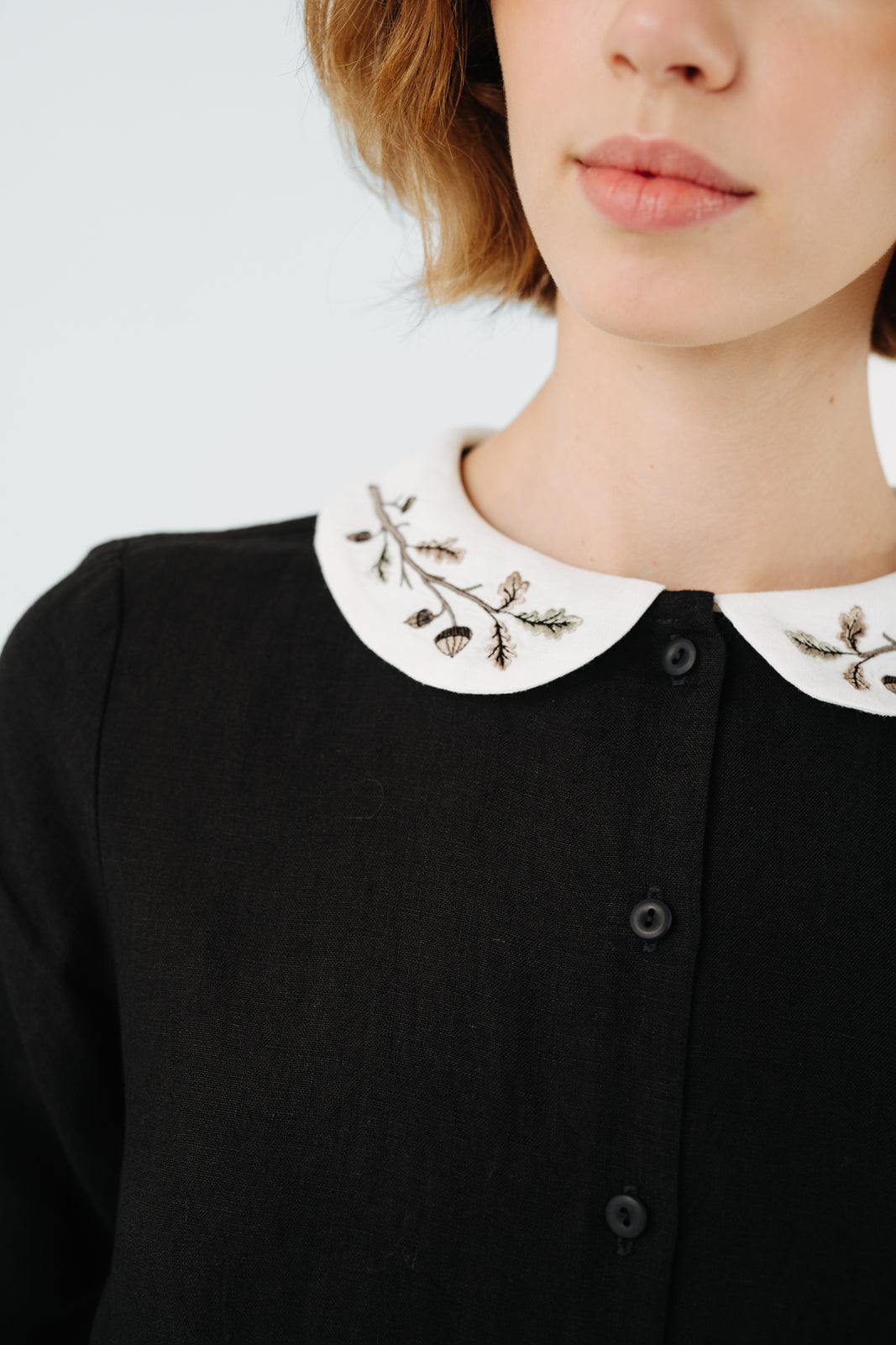 Classic Dress with Embroidered Hazelnut Collar, Long Sleeve, Black Pansy#color_black-pansy