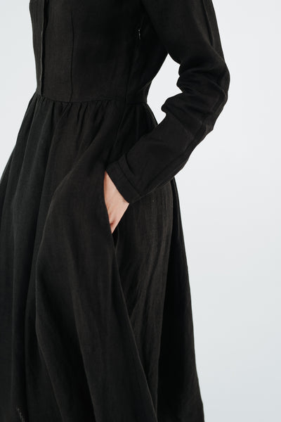 Classic Dress with Embroidered Hazelnut Collar, Long Sleeve, Black Pansy#color_black-pansy