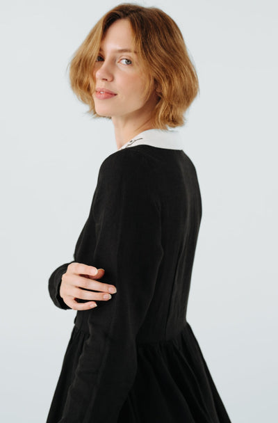 Classic Dress with Embroidered Hazelnut Collar, Long Sleeve, Black Pansy#color_black-pansy