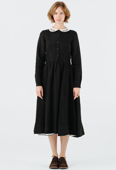 Classic Dress with Embroidered Wildwood Collar, Long Sleeve, Black Pansy#color_black-pansy