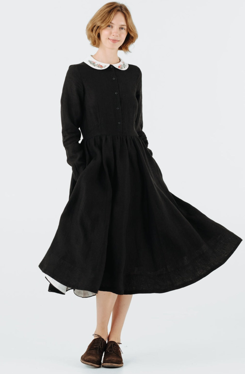 Classic Dress with Embroidered Wildwood Collar, Long Sleeve, Black Pansy#color_black-pansy