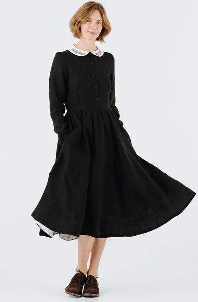 Classic Dress with Embroidered Wildwood Collar, Long Sleeve, Black Pansy#color_black-pansy