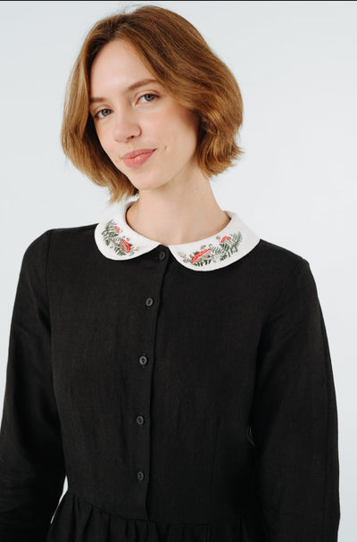 Classic Dress with Embroidered Wildwood Collar, Long Sleeve, Black Pansy#color_black-pansy