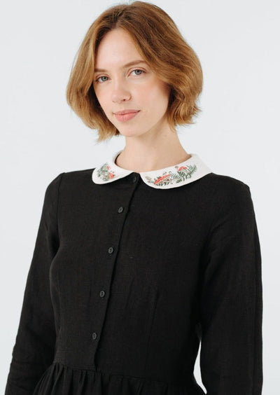 Classic Dress with Embroidered Wildwood Collar, Long Sleeve, Black Pansy#color_black-pansy