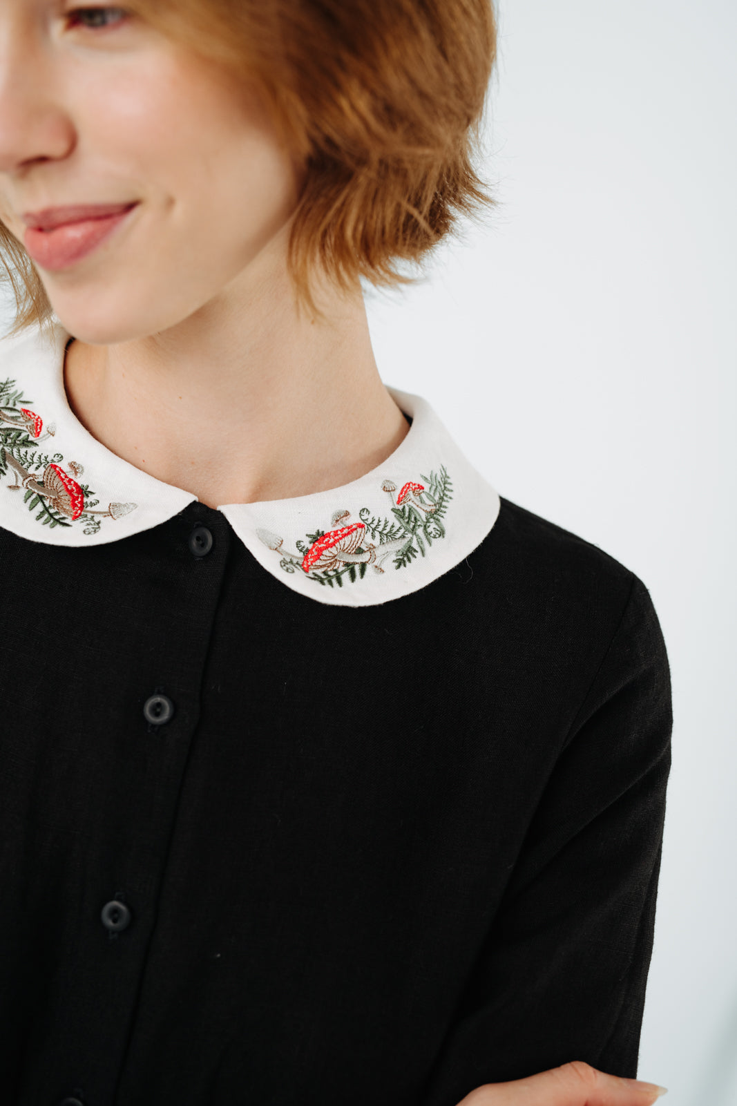 Classic Dress with Embroidered Wildwood Collar, Long Sleeve, Black Pansy#color_black-pansy