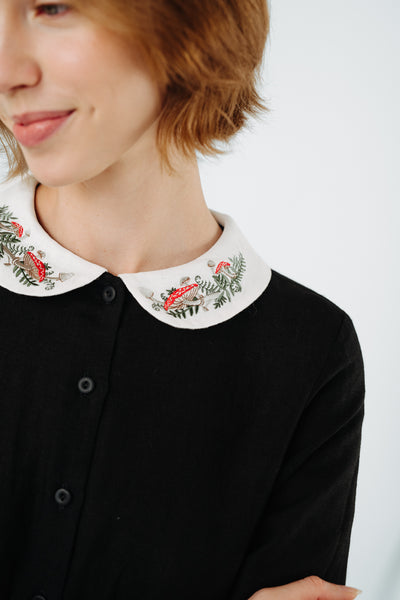 Classic Dress with Embroidered Wildwood Collar, Long Sleeve, Black Pansy#color_black-pansy