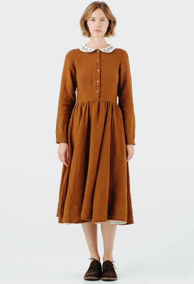 Classic Dress with Embroidered Hazelnut Collar, Long Sleeve, Warm Brown#color_warm-brown