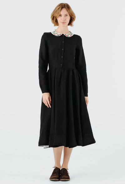 Classic Dress with Embroidered Garden Collar, Long Sleeve, Black Pansy#color_black-pansy