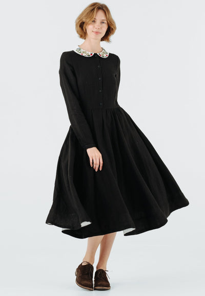 Classic Dress with Embroidered Garden Collar, Long Sleeve, Black Pansy#color_black-pansy