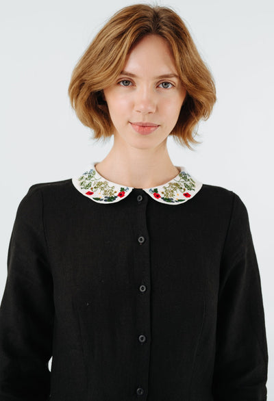 Classic Dress with Embroidered Garden Collar, Long Sleeve, Black Pansy#color_black-pansy
