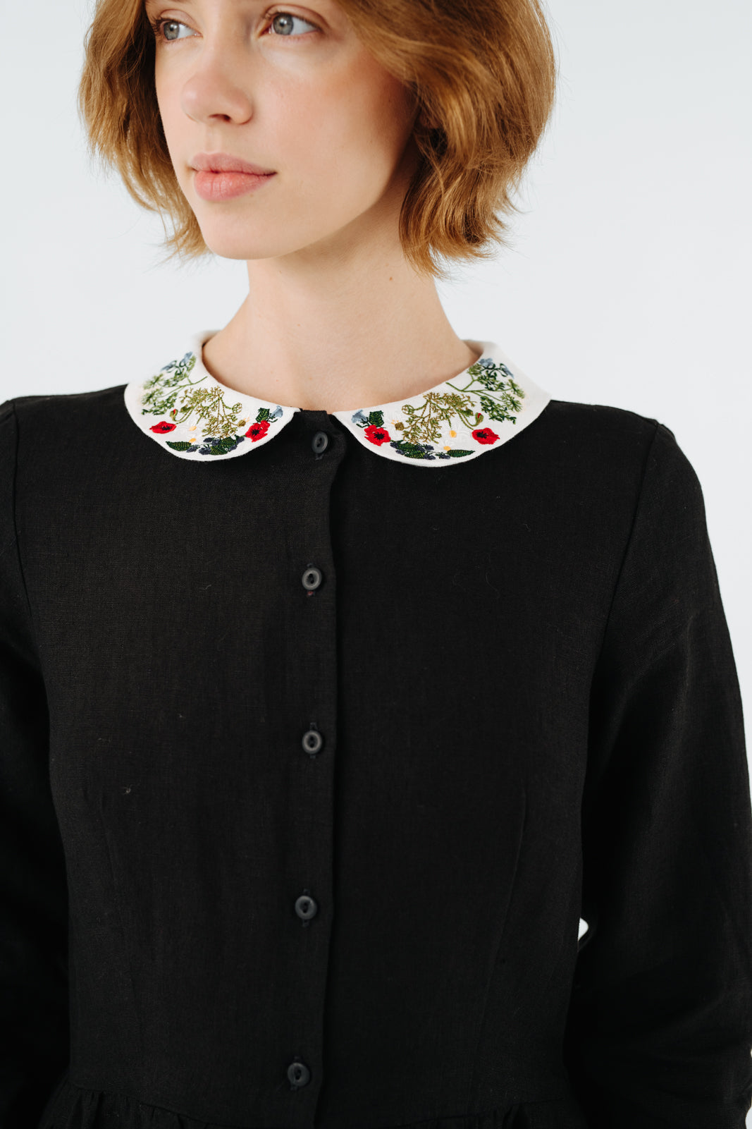 Classic Dress with Embroidered Garden Collar, Long Sleeve, Black Pansy#color_black-pansy