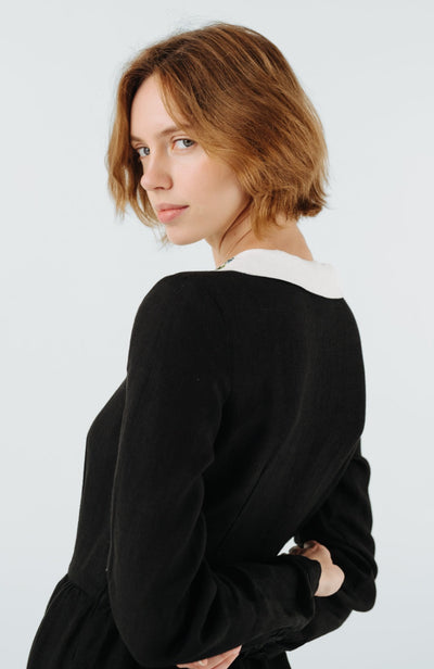 Classic Dress with Embroidered Garden Collar, Long Sleeve, Black Pansy#color_black-pansy
