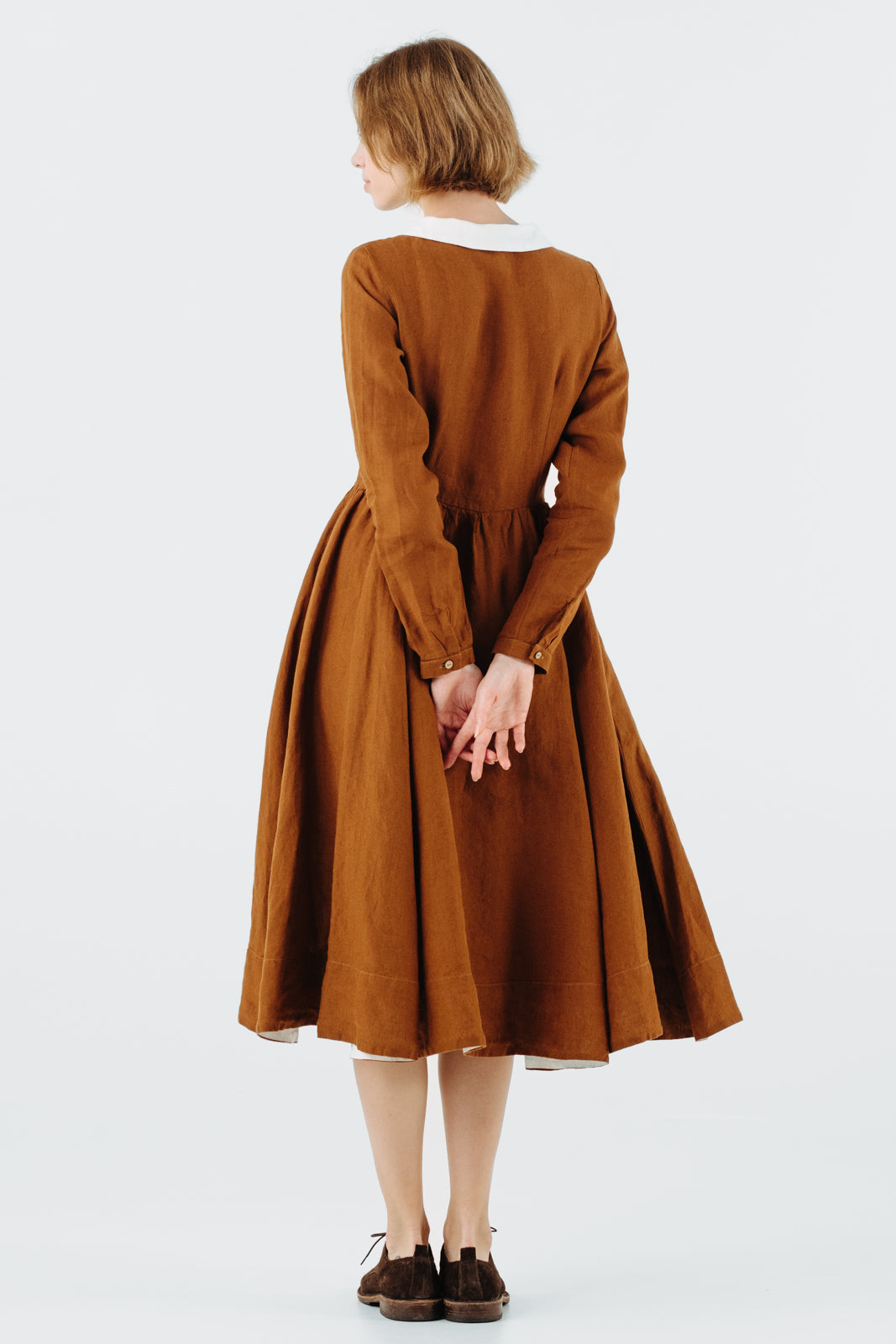 Classic Dress with Embroidered Hazelnut Collar, Long Sleeve, Warm Brown#color_warm-brown