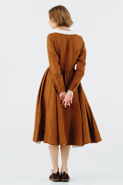 Classic Dress with Embroidered Hazelnut Collar, Long Sleeve, Warm Brown#color_warm-brown