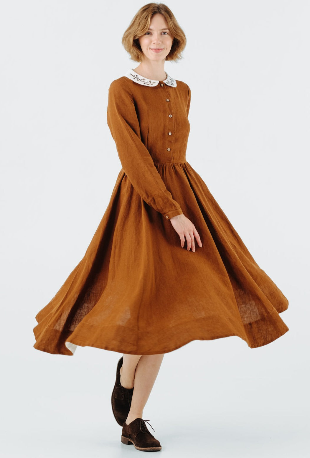 Classic Dress with Embroidered Hazelnut Collar, Long Sleeve, Warm Brown#color_warm-brown