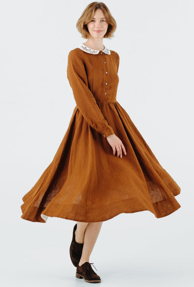 Classic Dress with Embroidered Hazelnut Collar, Long Sleeve, Warm Brown#color_warm-brown