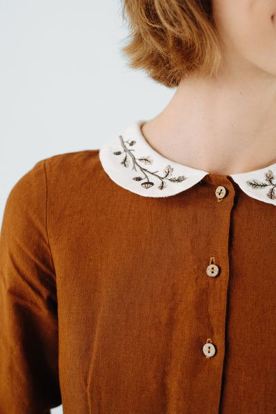 Classic Dress with Embroidered Hazelnut Collar, Long Sleeve, Warm Brown#color_warm-brown