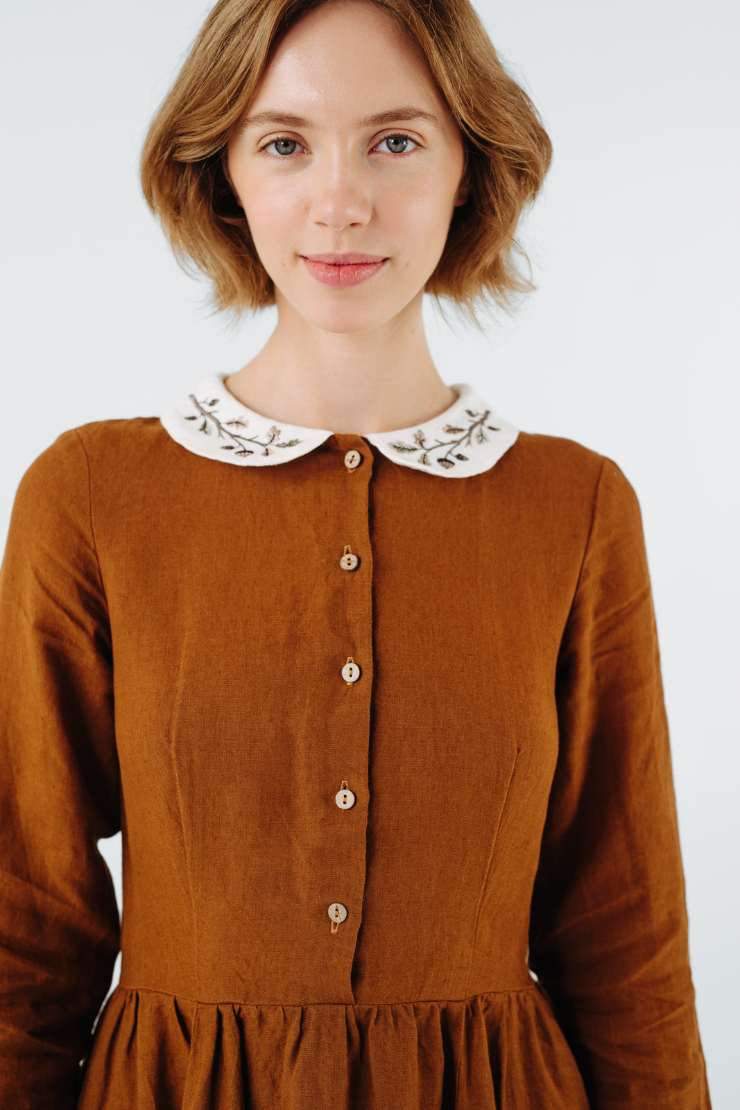 Classic Dress with Embroidered Hazelnut Collar, Long Sleeve, Warm Brown#color_warm-brown