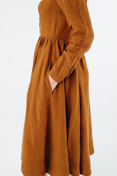 Classic Dress with Embroidered Hazelnut Collar, Long Sleeve, Warm Brown#color_warm-brown