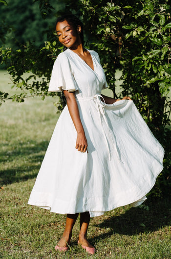 Wrap Dress, Butterfly Sleeve, Hemp, Milky White#color_milky-white