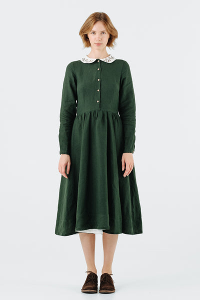Classic Dress with Embroidered Hazelnut Collar, Long Sleeve, Evergreen#color_evergreen