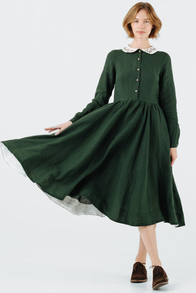 Classic Dress with Embroidered Hazelnut Collar, Long Sleeve, Evergreen#color_evergreen