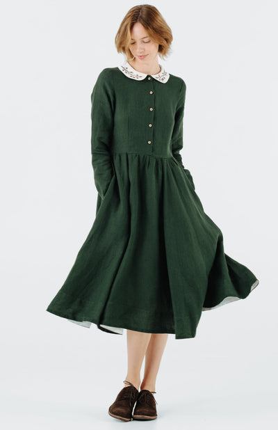 Classic Dress with Embroidered Hazelnut Collar, Long Sleeve, Evergreen#color_evergreen