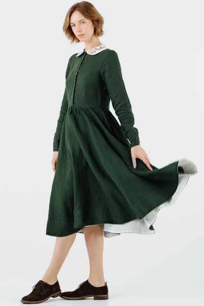 Classic Dress with Embroidered Hazelnut Collar, Long Sleeve, Evergreen#color_evergreen