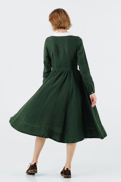 Classic Dress with Embroidered Hazelnut Collar, Long Sleeve, Evergreen#color_evergreen