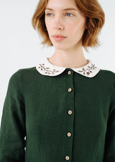 Classic Dress with Embroidered Hazelnut Collar, Long Sleeve, Evergreen#color_evergreen