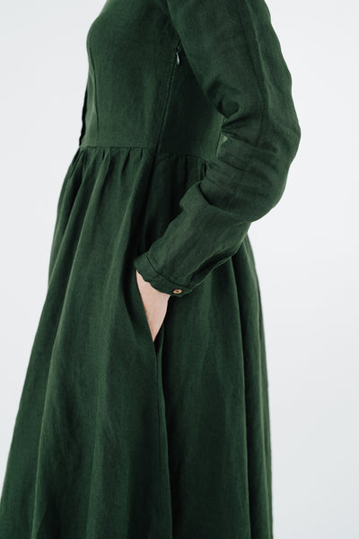 Classic Dress with Embroidered Hazelnut Collar, Long Sleeve, Evergreen#color_evergreen