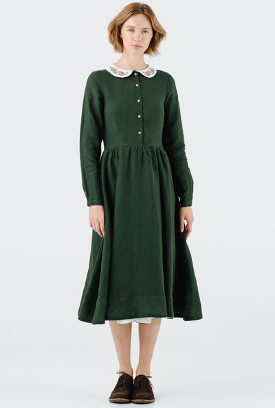 Classic Dress with Embroidered Wildwood Collar, Long Sleeve, Evergreen#color_evergreen