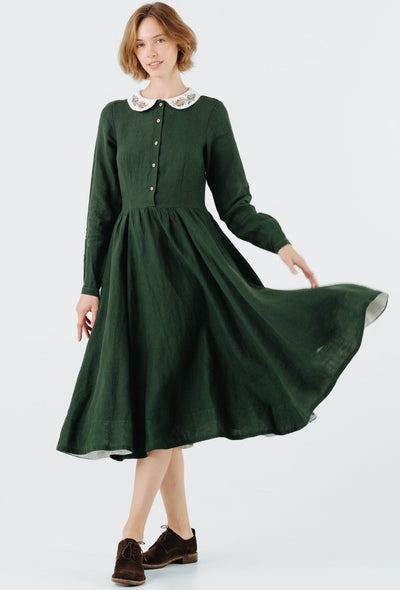 Classic Dress with Embroidered Wildwood Collar, Long Sleeve, Evergreen#color_evergreen