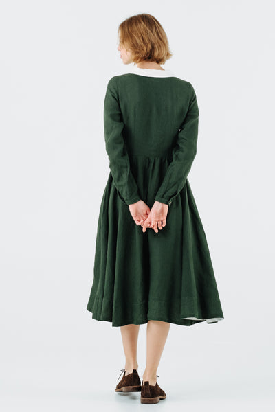 Classic Dress with Embroidered Wildwood Collar, Long Sleeve, Evergreen#color_evergreen