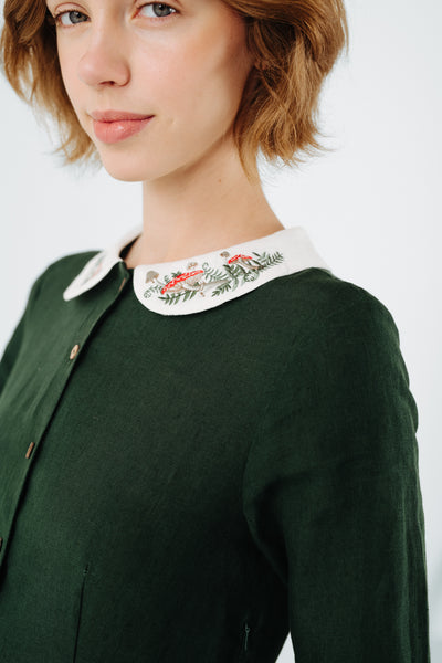 Classic Dress with Embroidered Wildwood Collar, Long Sleeve, Evergreen#color_evergreen
