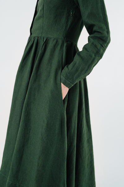Classic Dress with Embroidered Wildwood Collar, Long Sleeve, Evergreen#color_evergreen