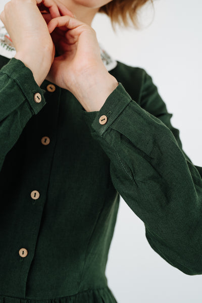Classic Dress with Embroidered Wildwood Collar, Long Sleeve, Evergreen#color_evergreen