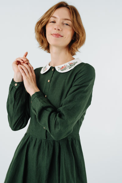 Classic Dress with Embroidered Wildwood Collar, Long Sleeve, Evergreen#color_evergreen
