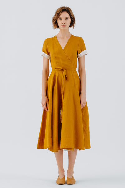 Wrap Dress, Short Sleeve, Marigold#color_marigold
