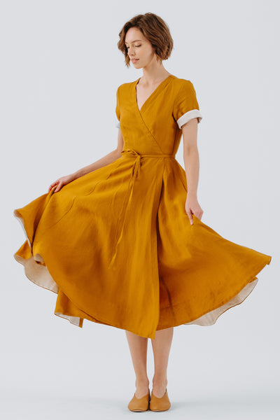 Wrap Dress, Short Sleeve, Marigold#color_marigold