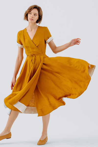 Wrap Dress, Short Sleeve, Marigold#color_marigold